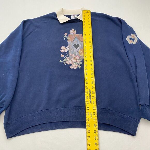 VTG Jerzees Bird Sweatshirt Birdhouse Collared Grandmacore 90s Blue Womens 2X - Picture 7 of 9